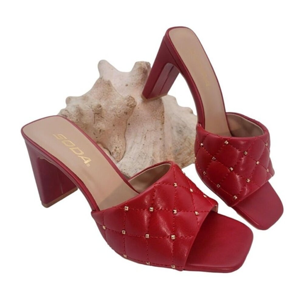 Soda JELLO Women Slip On Diamond Quilted Stud Gem Red Sandal